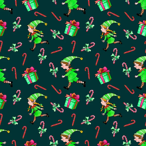 Patrón Sin Costuras Con Elfos Navidad Bastón Caramelo Cajas Regalo —  Fotos de Stock