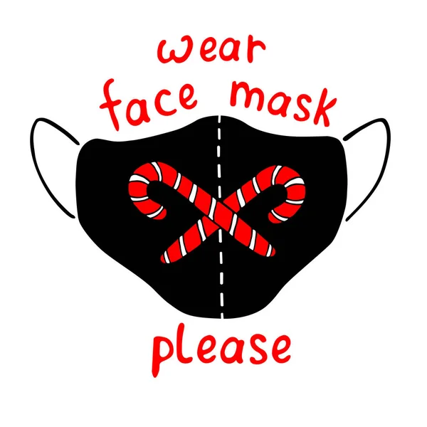医療用フェイスマスクを着用してください フラットスタイルでシンプルなイラストとレタリングとベクトル冬のクリスマスポスター クリスマス休暇中のCovid 19コロナウイルス感染のリスクを低減するための措置 — ストックベクタ