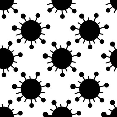 Moleküllerin kusursuz deseni, virüs hücreleri, bakteriler. Salgın, salgın covid-19. Karantina teması, koronavirüsün yayılması, aşı. Düz biçimli vektör arkaplanı izole edildi.