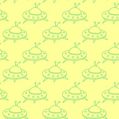 Uçan daireler ve UFO 'larla kusursuz çocuksu bir model. Kumaş, ambalaj, duvar kağıdı, tekstil, giysi, örtü için vektör arkaplan ve doku.