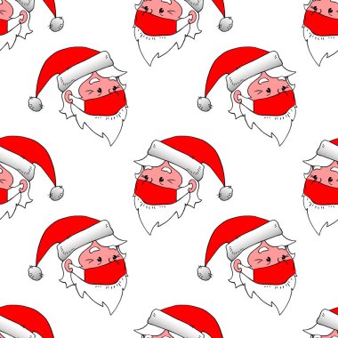 Baş Noel Baba 'nın yüz maskesi taktığı kusursuz bir şekil. Tatil geçmişi ve dokuları. Koronavirüse karşı koruma teması. Mutlu Noeller ve mutlu yıllar karantina ve salgın hastalıklar.