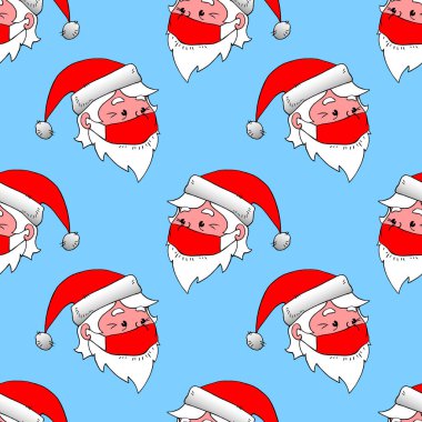 Baş Noel Baba 'nın yüz maskesi taktığı kusursuz bir şekil. Tatil geçmişi ve dokuları. Koronavirüse karşı koruma teması. Mutlu Noeller ve mutlu yıllar karantina ve salgın hastalıklar.