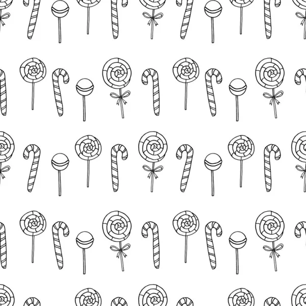 Seamless pattern with outline candy canes, sweets, lollipops. Hand drawn tasty holidays backgrounds and textures. For greeting cards, covers, wrapping paper, fabric, print, coloring book.