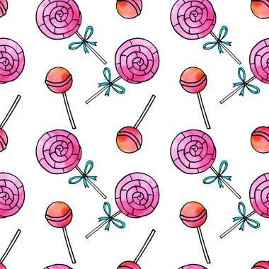 Lolipoplarla kusursuz desen. Şirin pembe suluboya el, tatil arkaplanlarına ve dokularına şeker çizmiş. Sevgililer Günü için, doğum günü, tebrik kartları, ambalaj kağıtları, çocuklar tekstil giyer..