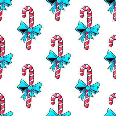 Suluboya şeker, şeker kamışı, lolipop dikişsiz el çizimi deseni. Yeni yıl ve Noel arkaplanı ve dokusu. Tebrik kartları, kağıt, kumaş, takvimler, baskılar için kusursuz renk deseni.