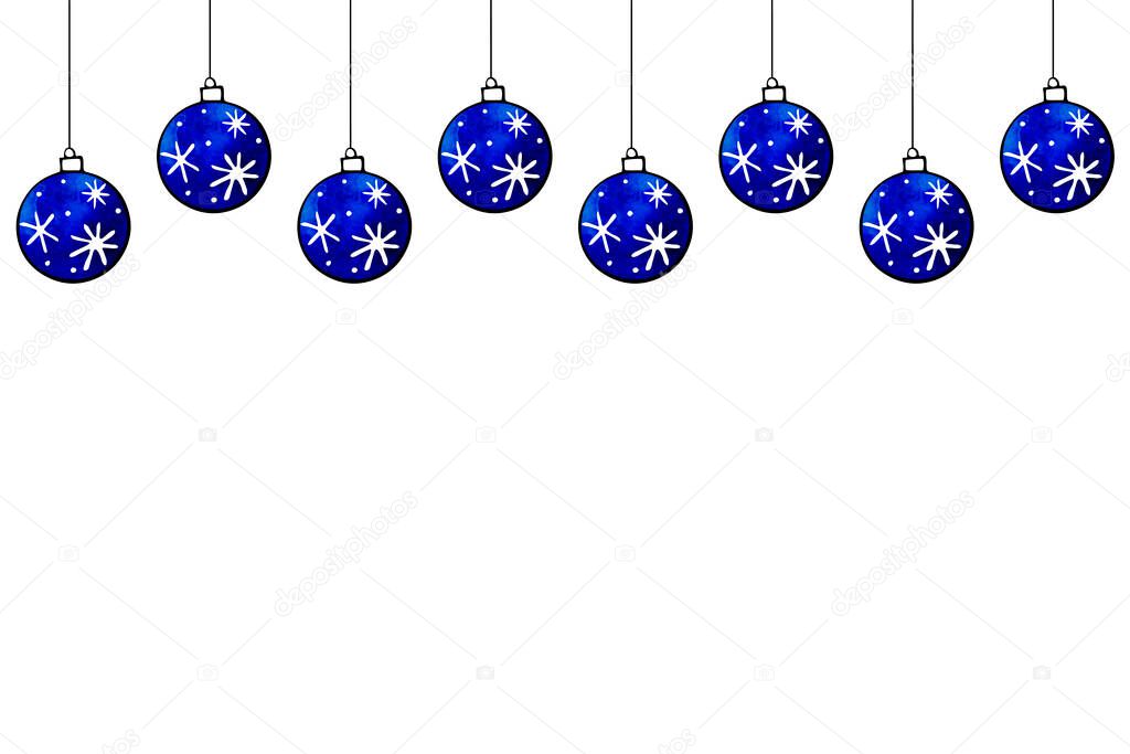 Christmas and New Year background with Hanging watercolor Christmas Balls.