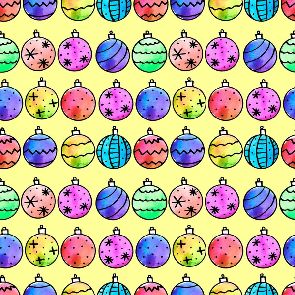 Seamless Pattern Watercolor Christmas Tree Balls New Year Xmas Backgrounds — Stock Photo, Image