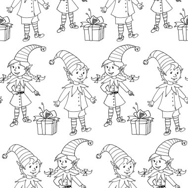 Kusursuz desenli Noel çizgili elfler, hediye kutuları. Yeni yıl Xmas geçmişleri ve dokuları. Tebrik kartları, ambalaj kağıdı, ambalaj, tekstil, baskılar, çocuk boyama kitabı.