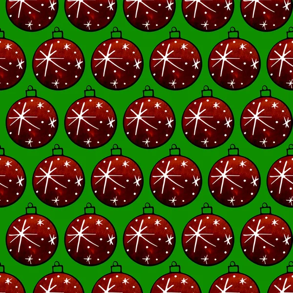 Patrón Sin Costuras Con Bolas Árbol Navidad Acuarela Dibujado Mano —  Fotos de Stock