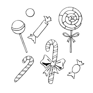 Şekerler, şekerler, lolipoplar. Beyaz arka planda izole edilmiş karalama tarzında basit bir el çizimi tatlı. Bayram ikonu, sağlıksız yiyeceklerin klipsleme sanatı.