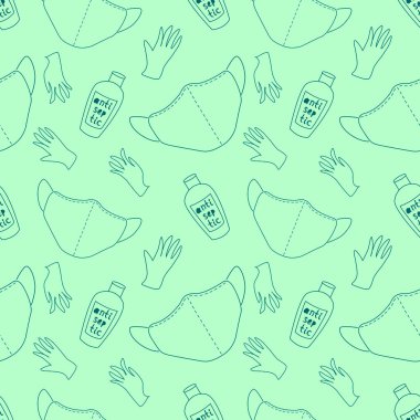 Koronavirüse karşı tıbbi koruyucu ekipmanlarla kusursuz bir düzen. Yüz maskesi, antiseptik, eldiven. Düz karalama biçimi izole edilmiş vektör çizgisi arkaplanı ve dokusu,