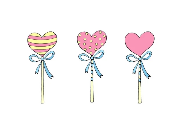 Set Color Heart Shaped Lollipops Candy Ribbon Valentine Day Easter — Stock Photo, Image