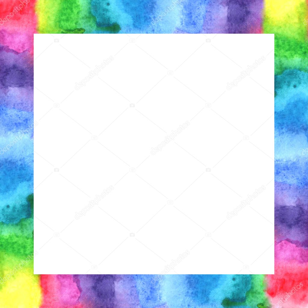 Square bright color rainbow frame made of abstract watercolor spots. Hand drawn border, backdrop for decoration of images, photos. Expresses happiness and joy.