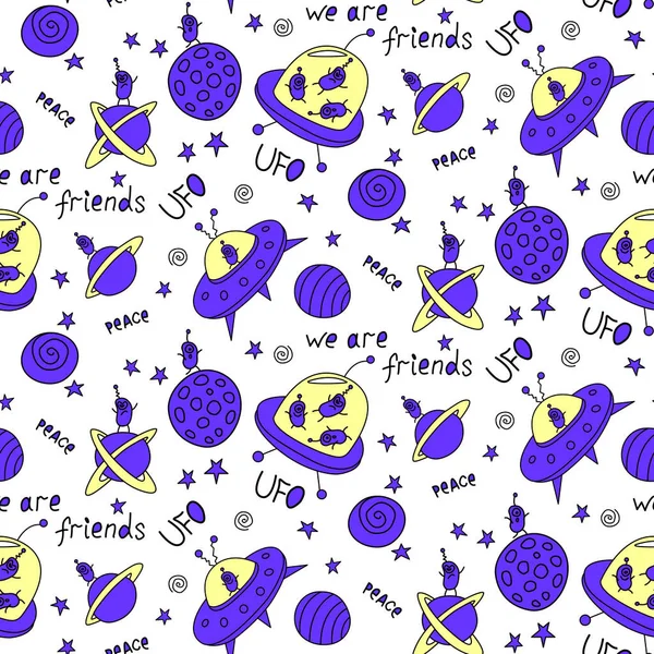 Vector Color Seamless Childish Pattern Cute Outline Monsters Aliens Space — Stock Vector