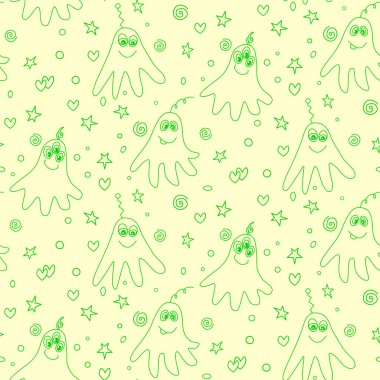 Şirin yaratıklarla, uzaylılarla ve uzay karalamalarıyla renksiz bir model. Kumaş, ambalaj, duvar kağıdı, tekstil, giysi, örtü için arka plan ve doku.