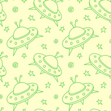 Uçan daireler ve UFO 'larla kusursuz çocuksu bir model. Kumaş, ambalaj, duvar kağıdı, tekstil, giysi, örtü için vektör arkaplan ve doku.