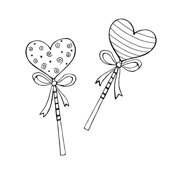 Vector Outline Heart Shape Lollipop Gingerbread Stick Bow Hand Drawn — Stock Vector