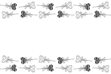 Vektör arkaplan, çerçeve, lolipopun kenarı, kalp şeklinde yaylı zencefilli ekmek. Yatay üst ve alt kenar, tebrik kartı, davetiye, şekerci, sevgililer günü için dekorasyon.