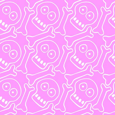 İnsan kafatası ve kemiklerle kusursuz bir desen. İlkel çizgi film stili Doodle. Cadılar Bayramı temalı arka plan ve doku, tehlike, ölüm, savaş, zehir. Kumaş, ambalaj, parti, poster, afiş.