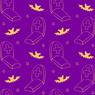 Mutlu Cadılar Bayramı. Graves, Tombstone, haçlar ve yarasaların kusursuz desenleri. Gece mezarlıkta, izole bir şekilde. Vektör tatil geçmişi ve dokuları.