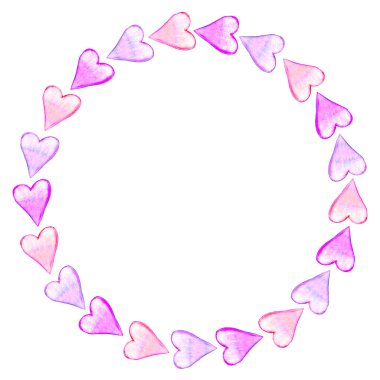 Elle çizilmiş yuvarlak çerçeve, suluboya kalplerin sınırı. Aşkın, geçmişin, davetiyenin, sevgililer gününün, tebrik kartının, düğünün romantik sembolü..