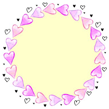 Elle çizilmiş yuvarlak çerçeve, suluboya kalplerin sınırı. Aşkın, geçmişin, davetiyenin, sevgililer gününün, tebrik kartının, düğünün romantik sembolü..