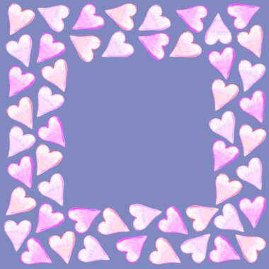 Geçmişi, suluboya kalplerin çerçeveleri. El çizimi. Doğum günü için aşk teması, Sevgililer Günü, tebrik kartı, düğün, baskı.