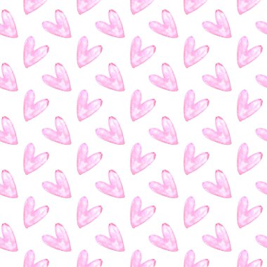 Suluboya kalpli kusursuz bir desen. Romantik aşk elinin arka plan dokusu. Kutlama kartları, ambalaj kağıtları, düğün, doğum günü, kumaş, tekstil, sevgililer günü, anneler günü, paskalya.