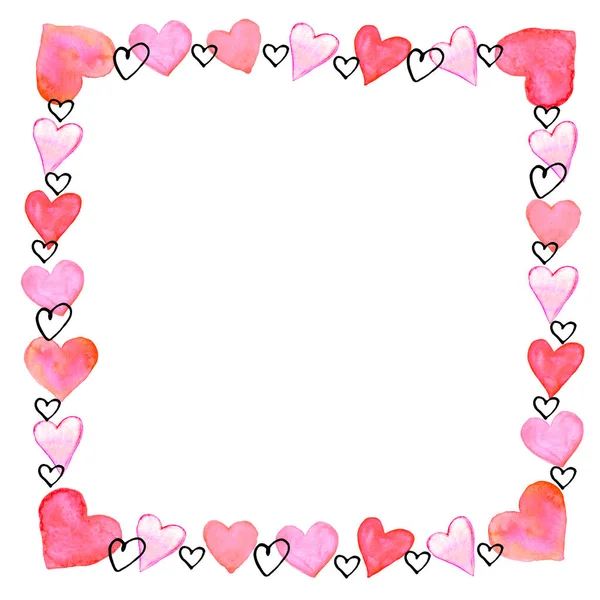Ręcznie Rysowana Kwadratowa Ramka Granica Akwarelowych Serc Romantyczny Symbol Miłości — Zdjęcie stockowe