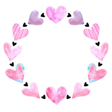 Geçmişler, dokular, çerçeveler suluboya kalplerin kusursuz desenleri. El çizimi. Doğum günü için aşk teması, Sevgililer Günü, tebrik kartı, düğün.