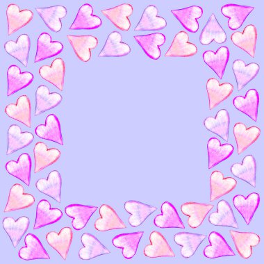 Geçmişi, suluboya kalplerin çerçeveleri. El çizimi. Doğum günü için aşk teması, Sevgililer Günü, tebrik kartı, düğün, baskı.