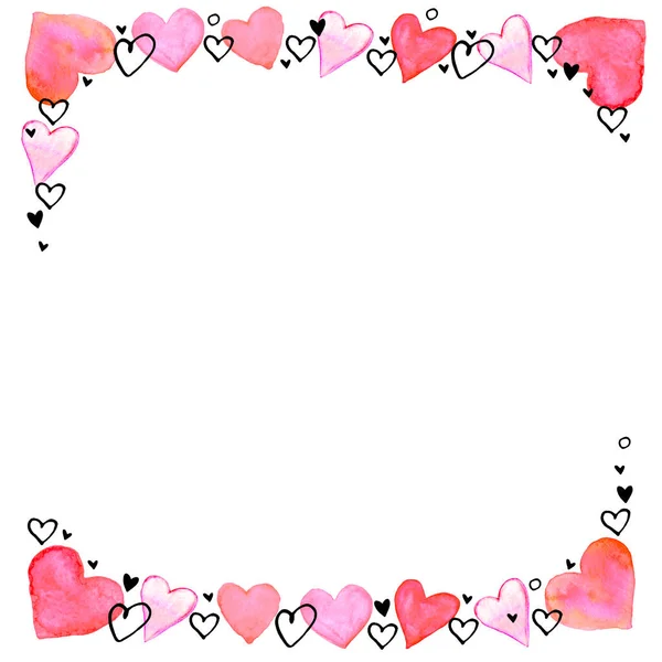 Hand Drawn Square Frame Border Watercolor Hearts Romance Symbol Love — Stock Photo, Image