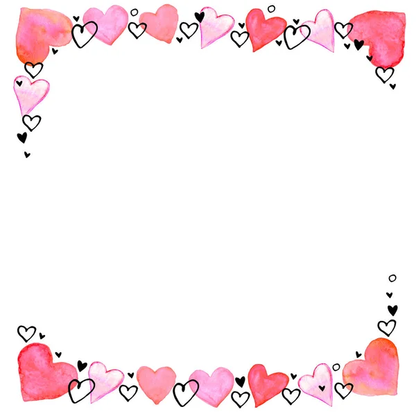 Hand drawn square frame, border from watercolor hearts. Romance symbol of love, background, decoration for invitation, Valentine\'s day, greeting card, wedding.