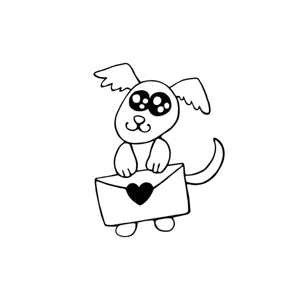 Vecteur Mignon Contour Petit Chien Avec Lettre Amour Doodle Dessiné — Image vectorielle