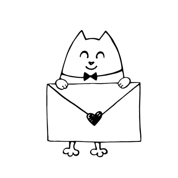 Vecteur Mignon Chat Contour Avec Lettre Amour Doodle Dessiné Main — Image vectorielle