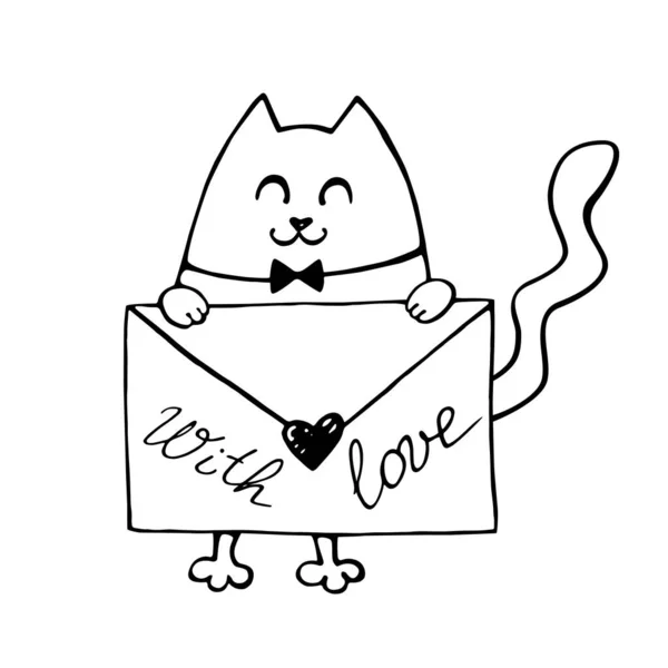 Vetor Bonito Contorno Gato Com Carta Amor Doodle Desenhado Mão — Vetor de Stock