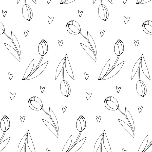Patrón Sin Costura Vectorial Con Contorno Flores Tulipán Corazones Textura — Vector de stock