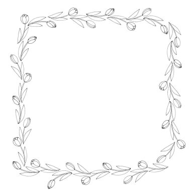 Lalelerden vektör kare çerçeve. Bahar çiçekleri. Elle çizilmiş karalama izole edilmiş. Geçmiş, sınır, tebrik kartı dekorasyonu, boyama sayfaları, Sevgililer Günü, Kadınlar ya da Anneler Günü.