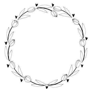 Yuvarlak çerçeve, ana hatlı lalelerden ve kalplerden çelenkler. Bahar çiçekleri. Elle çizilmiş karalama izole edilmiş. Geçmiş, sınır, tebrik kartı, davetiye, sevgililer günü, kadınlar ya da anneler günü için dekorasyon.
