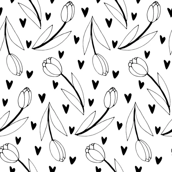 Vector Seamless Pattern Outline Tulip Flowers Hearts Hand Drawn Doodle — Stock Vector