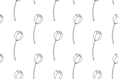 Özet lale çiçekleri olan kusursuz bir desen. El çizimi yay dokusu, arka plan. Ambalaj kağıdı, boyama sayfası, anneler, kadınlar ya da sevgililer günü için..