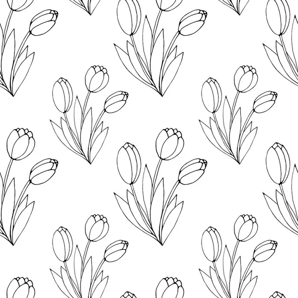 Vector Seamless Pattern Outline Bouquet Three Flowers Tulips Hand Drawn — Stock Vector