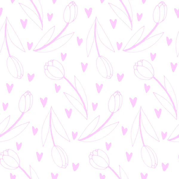 Patrón Sin Costura Vectorial Con Contorno Flores Tulipán Corazones Textura — Archivo Imágenes Vectoriales