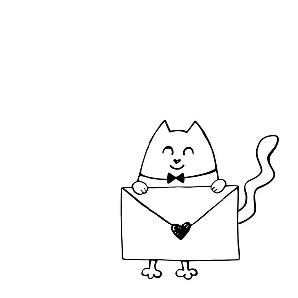 Vector Cute Contour Cat Love Letter Hand Drawn Doodle Simple — Stock Vector