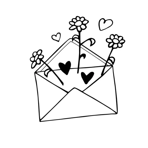 Envelop Met Brief Bloemen Harten Schattig Met Hand Getekend Vectorelement — Stockvector