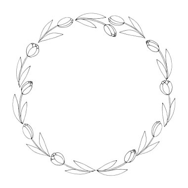 Yuvarlak çerçeve, ana hatlı lalelerden çelenk. Bahar çiçekleri. Elle çizilmiş karalama izole edilmiş. Geçmiş, sınır, tebrik kartı, davetiye, sevgililer günü, kadınlar ya da anneler günü için dekorasyon.