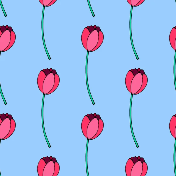 Padrão Sem Costura Vetorial Com Flores Tulipa Vermelha Mão Desenhado —  Vetores de Stock