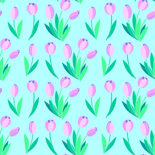 Vector Seamless Pattern Pink Tulip Flowers Hand Drawn Spring Texture — Stock Vector