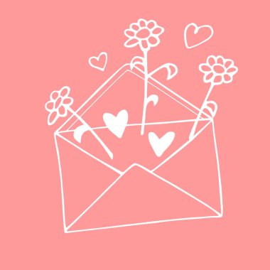 Zarfta mektup, çiçekler ve kalpler var. Romantik tasarımın sevimli el çizimi vektör unsuru. 14 Şubat, Sevgililer Günü. Aşk ilanı.