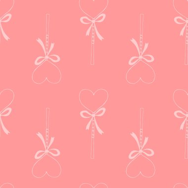 Kalp şeklindeki lolipopların vektörsüz deseni, yaylı zencefilli ekmekler. El çizimi karalama dokusu, arka plan. Sevgililer Günü için, şekerci dükkanı dekorasyonu. Tatlı şekeri severim.